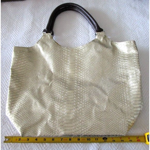 Neiman Marcus Tote-Large Shiny Gold Metallic Faux Snake Skin-Carry All Purse Bag - Picture 14 of 16